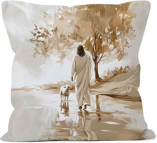 Christian Jesus and the Lost Lamb Throw Pillow Covers 18x18, Vintage Rustic Decor Pillow Cases for Farmhouse Bedroom Living Room, Religious Decorative Square Pillowcases for Couch Bed Sofa