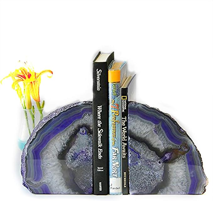 JIC Gem Dyed Purple Agate Geode Bookends Crystal Book Hold for Shelves | 1 Pair, 3-4 Lbs Decorative Gemstone Stoppers with Non-Skid Rubber Bumpers for Tabletop Decor Cute Crystal Supports Gift