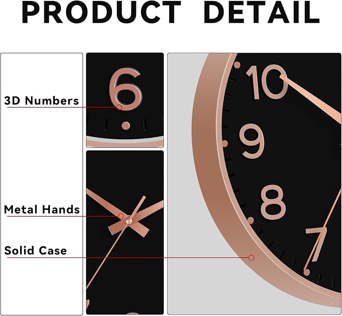 Roymnie 8 Inch Wall Clock, Battery Operated Silent Non Ticking Analog | Black Rose Gold modern analog; large 3D easy-read dial for kitchen, office, bathroom & bedroom; 1 AA battery (not included)