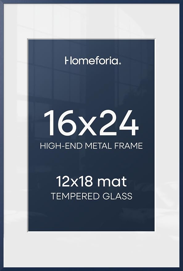 Homeforia 16x24 Blue Picture Frame, High-End Metal, 12x18 Mat, Glass