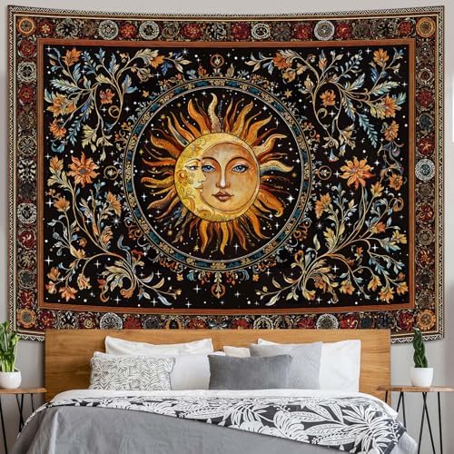 Accnicc Vintage Sun and Moon Tapestry Hippie Indie Boho Floral Wall Tapestry for Bedroom Aesthetic Stained Glass Celestial Plant Small Tapestries Wall Hanging for Living Room Dorm 48 x 36 Inch