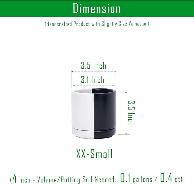 D'vine Dev 3.5 Inch Ceramic Planter Pot, Black White Split, 94-O-A-0 | Modern Cylinder Design, Drainage Hole & Saucer Included, Stable Structure, Elegant Home Accent