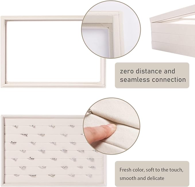 Coward Stackable Jewelry Trays Organizer Set with Clear Lid, Trays for Drawer, Earring Necklace Bracelet Ring Display Organizer (beige(ring+12girds+30girds+The glass lid))