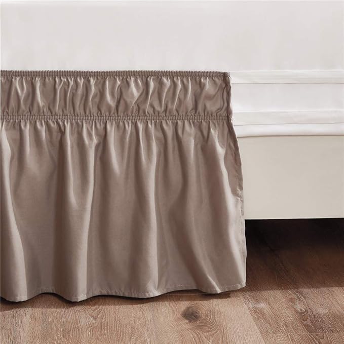 MEILA Wrap Around Elastic Bed Skirt for Queen & King Beds, 16" Drop, Taupe | Three-Side Adjustable Elastic Dust Ruffle, Ruffled Polyester Fabric, Easy to Install, Fade Resistant & Machine Washable