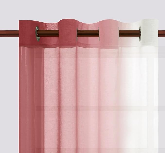 DWCN Faux Linen Ombre Sheer Curtains - Semi Voile Gradient Grommet Top Curtains for Bedroom and Living Room, Set of 2 Window Curtain Panels, 52 x 84 Inches Long, Burgundy