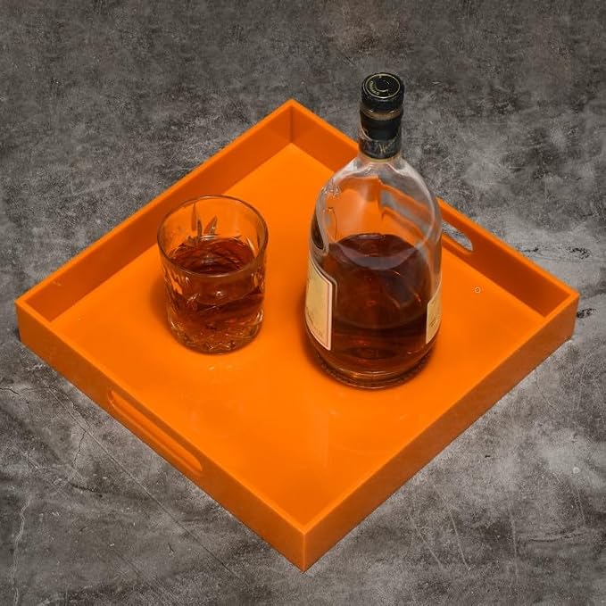 KEVLANG Orange Sturdy Acrylic Serving Tray with Handles-12x12Inch-Serving Coffee,Food,Breakfast,Butler-Kitchen Countertop Tray-Makeup Drawer Organizer-Vanity Table,Ottoman Tray-Decorative Tray
