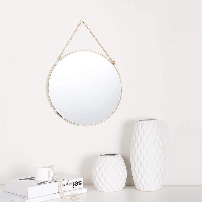 Dahey 11.8" Small Circle Round Office Wall Hanging Mirror with Chain, Gold | Anti-Scratch Velvet Back, Easy to Hang, Metal Frame, Nordic Minimalist Boho Wall Decor, for Bathroom Bedroom Living Room Dorm