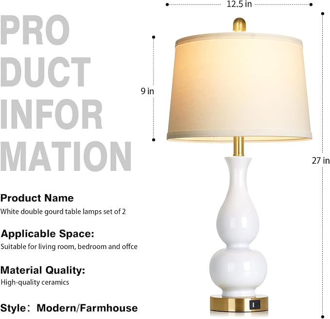 CINSARY 27" Double Gourd Ceramic Lamp Single, Modern White Bedside Table Lamps with USB A+C Ports, Classic Bedroom Lamp for Nightstand, Chinoiserie Lamps for Living Room Side End Table Desk Home Decor