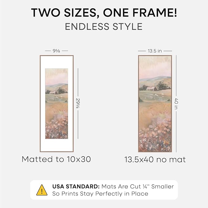 Homeforia 13.5x40 Mocha Picture Frame, High-End Metal, 10x30 Mat, Glass