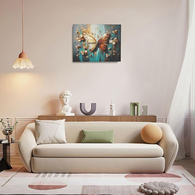 Crekviy Golden Butterfly Wall Art Vintage Butterfly Pictures Wall Decor Canvas Prints Painting Artwork Decoration Girls Gifts for Bathroom Bedroom Living Room Ready to Hang Framed 16"x20"