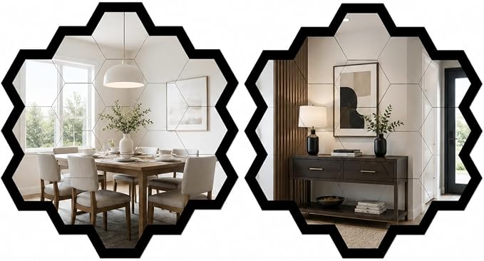 2pcs Hexagon Mirror Wall Stickers, Self Adhesive Decorative Mirror Tiles, 8.5 x 7.9 Inch Wall Mirror Decor for Bedroom Bathroom Living Room Entryway Bohemian Moroccan Style