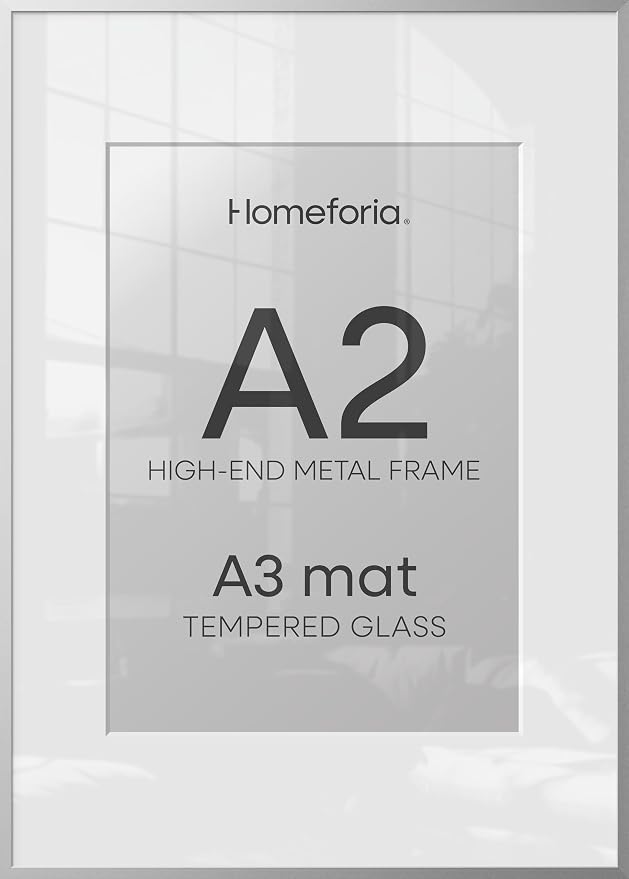 Homeforia A2 Silver Picture Frame, High-End Metal, A3 Mat, Glass