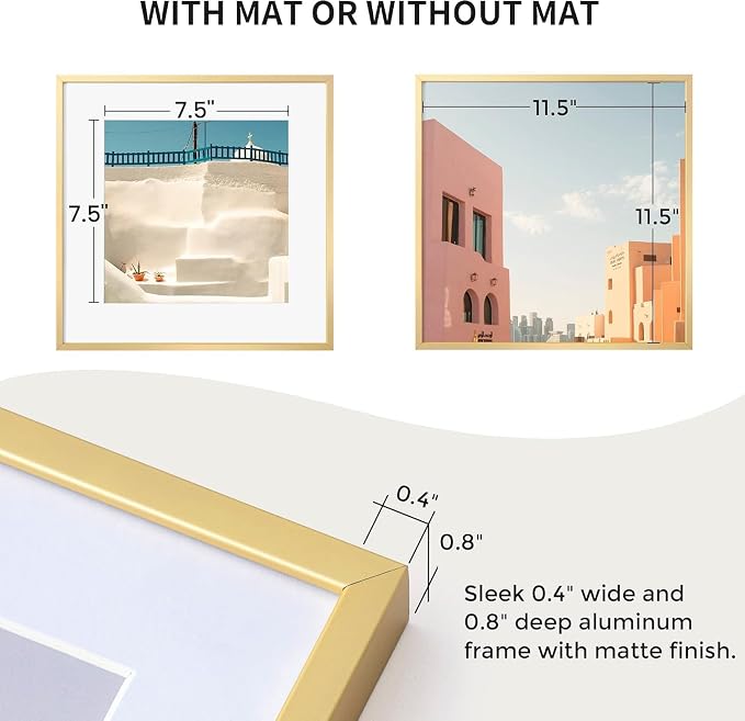 12x12 Metal Picture Frame with 8x8 Mat, Brushed Aluminum Finish, Attached Hanging Hardware, and Tempered Glass Front - Versatile Vertical or Horizontal Wall Display Frames Set of 1 - Gold