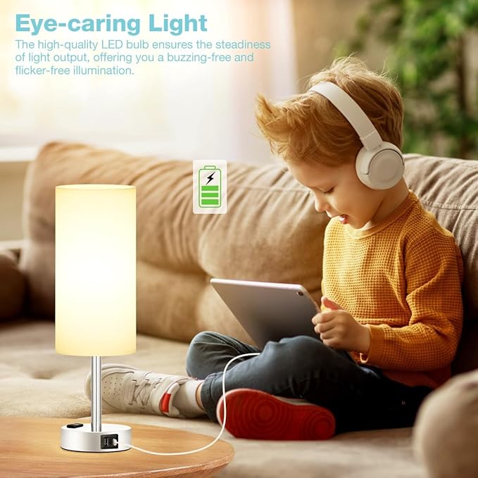 Fenmzee White Bedside Lamp for Bedroom, Dimmable Touch, USB A+C, AC Outlet