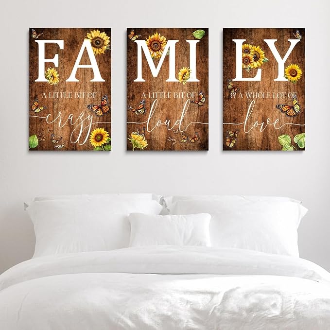 GUBIYU Farmhouse Family Wall Art Set of 3, Rustic Family Wall Decor for Living Room, Dining Room, Retro Brown Wood Wall Art, Butterfly Art, Sunflower Decor, 20"x28"