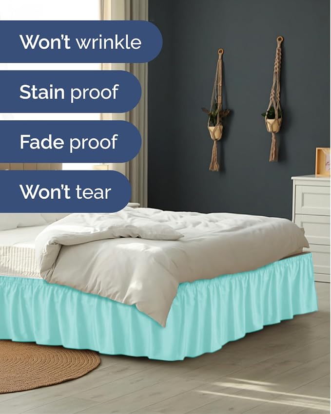 Wrap Around Dust Ruffle Bed Skirt - College Dorm Room - Twin/Twin XL | Spa Blue, 21 Inch Drop, Elastic Strap & Adjustable Pleated Bedskirt, Wrinkle Free, for Women, Men, Students, Kids & Teens