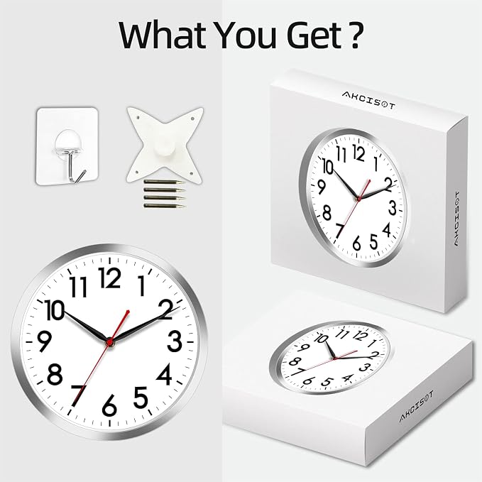 AKCISOT 14 Inch Wall Clock, Silent Battery Operated Analog Clock, Silver | Classroom | Office | Kitchen | Living Room | Garage | Shop | Large Size | Easy-to-read numbers
