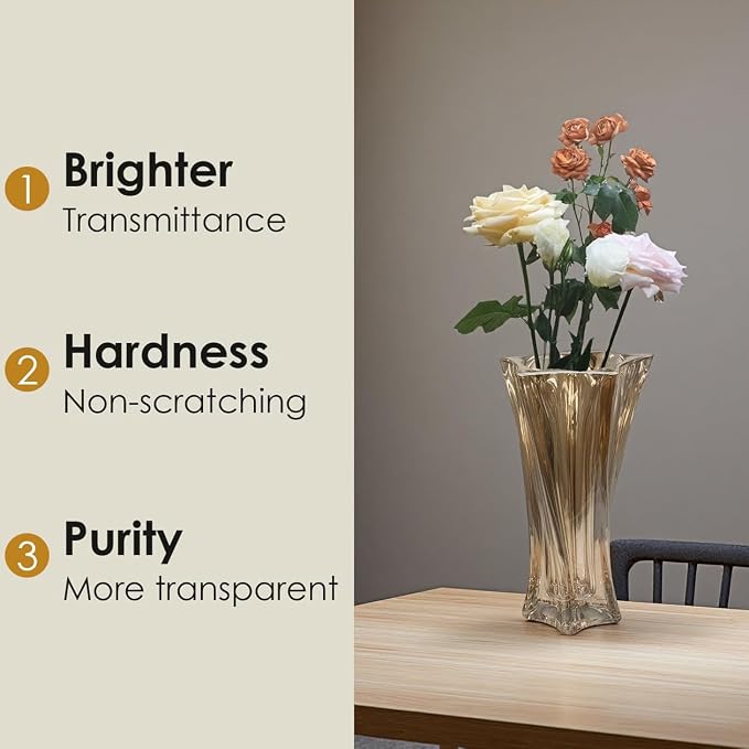 Glass Vases for Flowers，Thickened 3.5 lb Modern Vases for Tables Centerpieces for Home Decor, Colorful and Clear Irregular Crystal Vase (Amber)