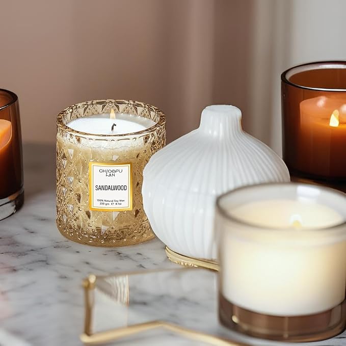Chloefu LAN Sandalwood Candle, Dad Gifts Candle, Natural Soy Scented Candles for Stress Relief, 55 Hours Lasting Burning, Great Gift for Women & Men
