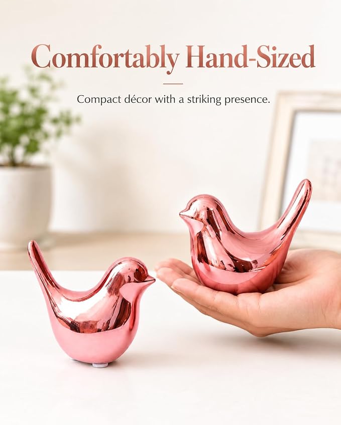 Small Pink Ceramic Birds,2 Pack Handcrafted Decorative Figurines for Home, Office, Desk, Shelf, Tabletop, Living Room, Bedroom, Coffee Table Décor, Gift for Housewarming and Holidays