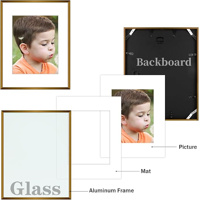 Frametory 2 Pack 11x14 Aluminum Frame with Mat for 8x10 Photo, Bronze