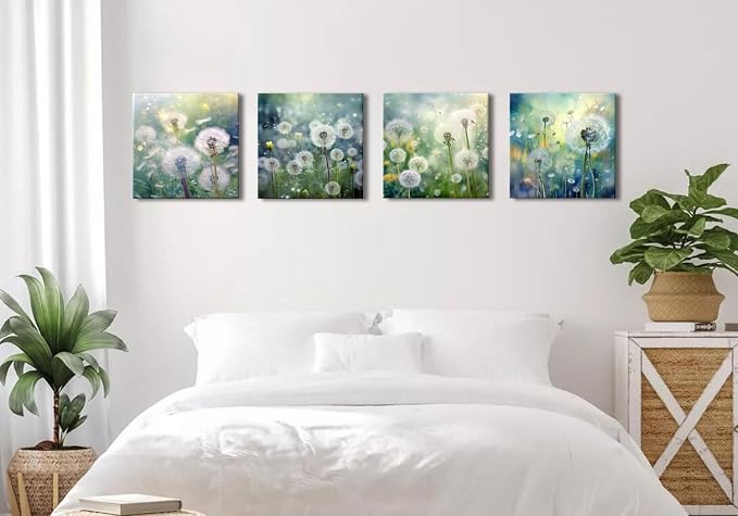 Teal Nature Dandelion Wall Art Bathroom Decor Colorful Modern Botanical Canvas Prints for Living Room Watercolor Dandelion Picture Country Flower Painting Bedroom Kitchen Home Decorations 20x20" 4 Pcs