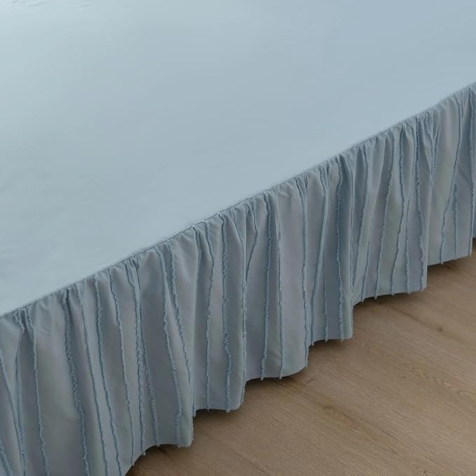 Bed Skirt King Size - Ruffled Bed Skirt - with Split Corners - Sky Blue | Striped Boho Tufted -14 Inch Drop Bedskirt with Platform-Soft Premium Hotel Quality - Easy Fit