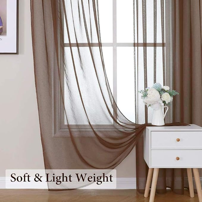 MIULEE Chocolate Brown Linen Textured Sheer Curtains 54W×108L for Bedroom | Semi Transparent, Farmhouse, Window Net Panels with Rod Pocket for Bedroom Living Room
