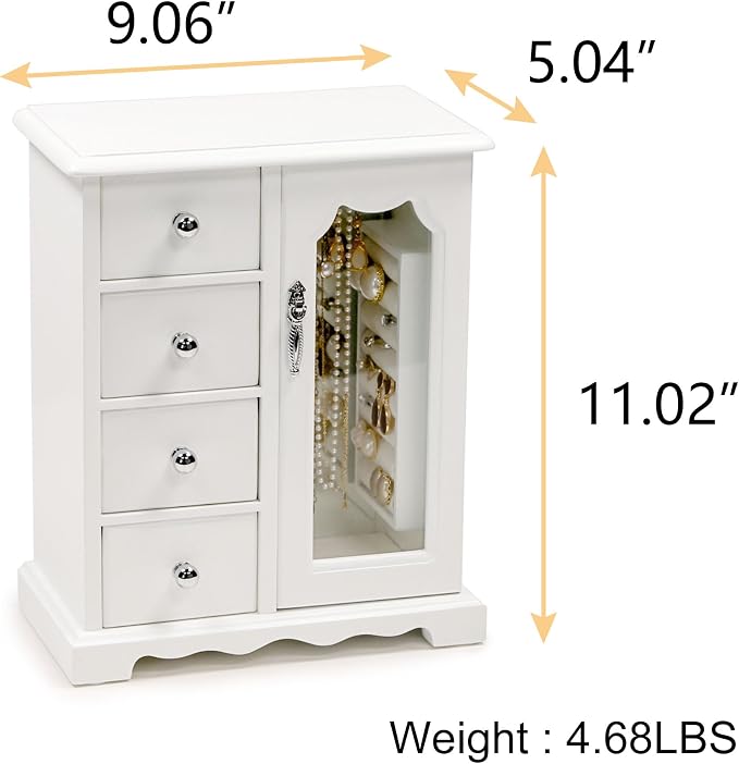 Kendal Wooden Jewelry Box for Women, Solid Jewelry Organizer, Jewelry Holder Organizer, Mothers Day Gifts, Wood Jewelry Case with Mirror for Necklaces, Earring, Rings (4 Drawer, White)