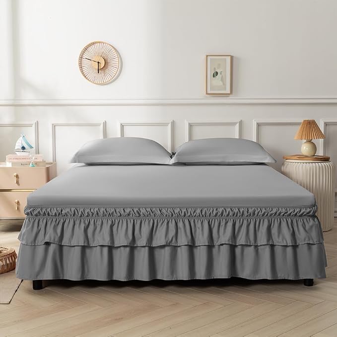 Double-Layered Ruffled Bed Skirt,Dark Gray,Twin/Twin XL, 14" Drop | Wrap Around, Adjustable Elastic, 2 Layer, Machine Washable Soft Fabric, Multi Ruffle Bedskirt