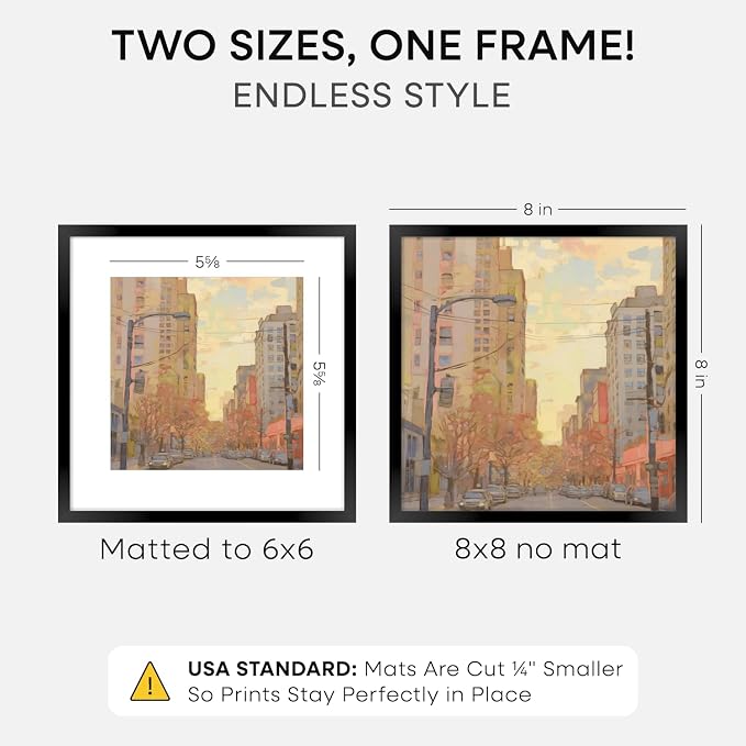 Homeforia 8x8 Black Picture Frame, High-End Metal, 6x6 Mat, Glass
