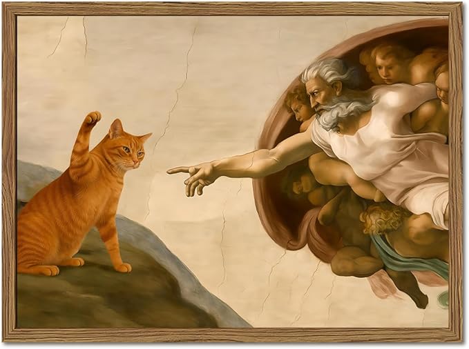 Funny Orange Cat Wall Art Creation of Adam and Cat Wall Decor Painting Renaissance Michelangelo and Animal Poster Canvas Print for Bedroom Living Room 16x24 inch Wood Framed