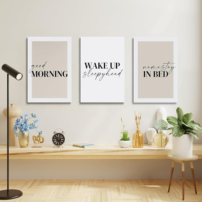 GUBIYU Bedroom Prints Set of 3, Above Bed Decor, Good Morning Namastay in Bed Canvas Wall Art, Beige and White Minimalist Nursery Prints 12"x16"