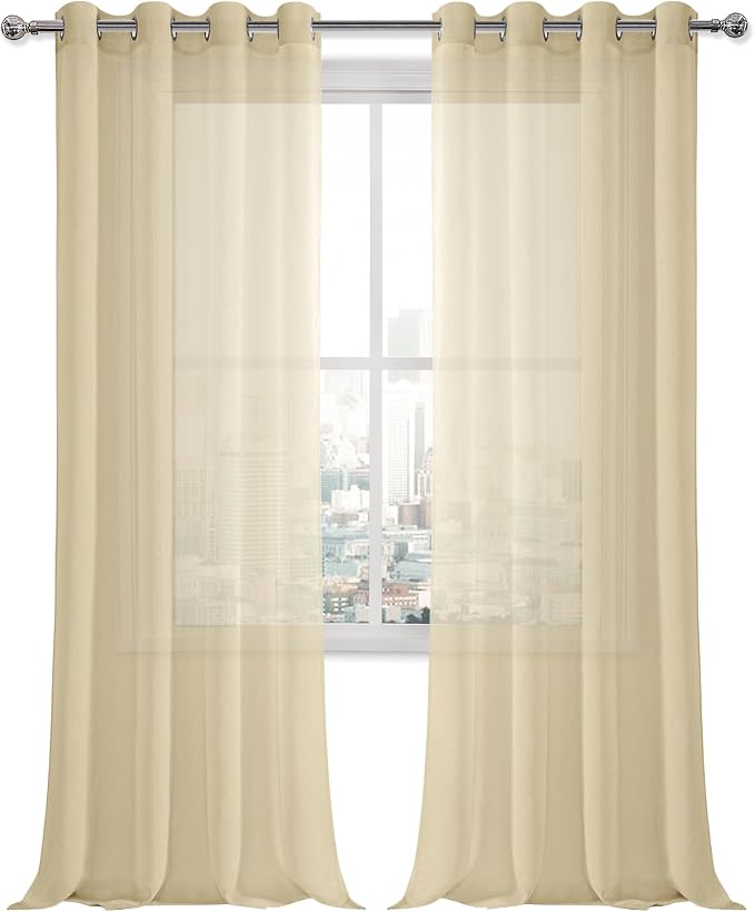 DWCN Sheer Curtains, Grommet Faux Linen Look Voile Window Semi Sheer Curtains Drapes for Bedroom Living Room, Set of 2 Panels 52 x 90 Inch Long, Beige
