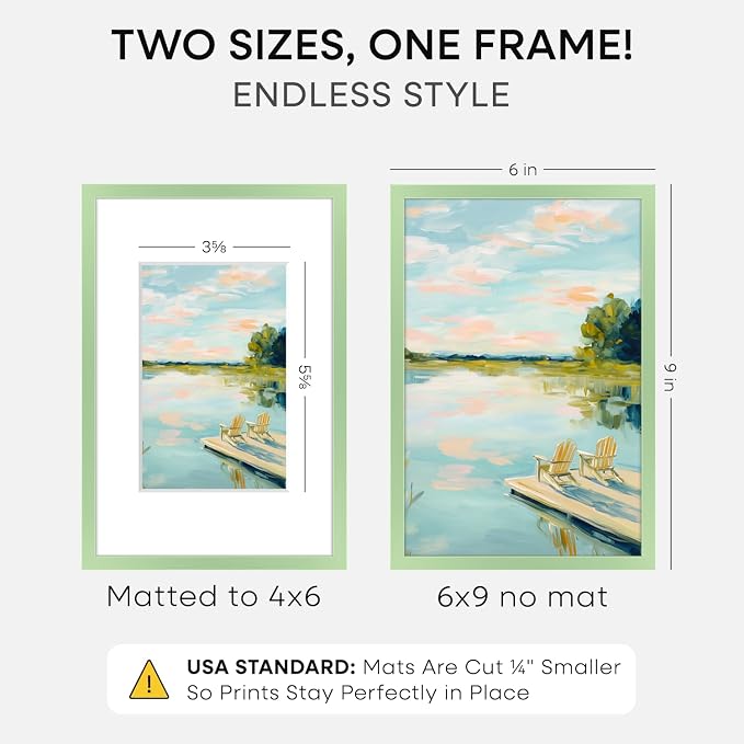 Homeforia 6x9 Green Picture Frame, High-End Metal, 4x6 Mat, Glass