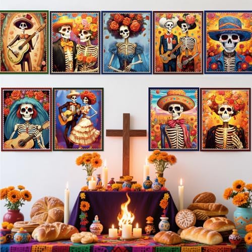 Adduster Day of The Dead Poster - 9 Piece Day of the Dead Decorations | Sugar Skull Wall Art Sugar Skull Art Print for Mexico Day Day of the Dead Halloween Wall Decor Living Room Decor