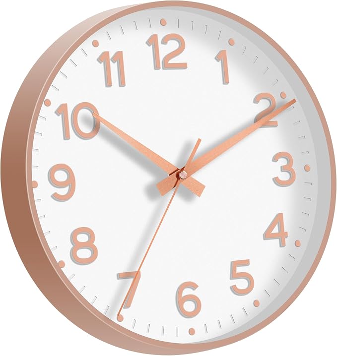 Roymnie 10 Inch Wall Clock Battery Operated Silent Non Ticking Analog | White Rose Gold modern analog; large 3D easy-read dial for kitchen, office, bathroom & bedroom; 1 AA battery (not included)