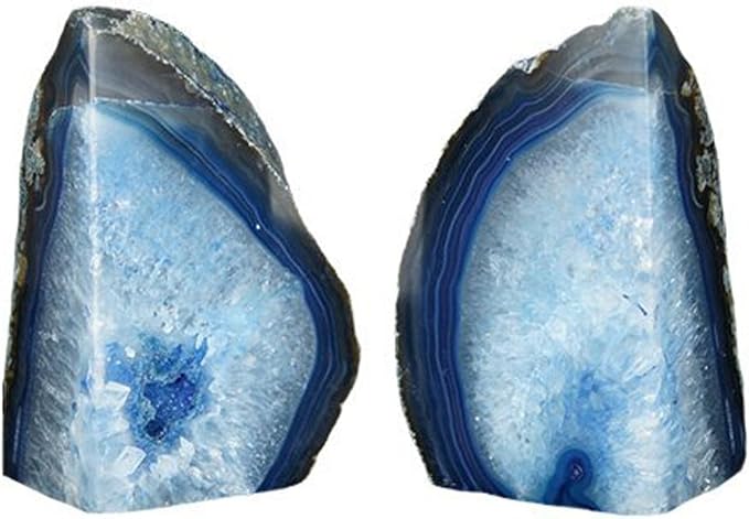 JIC Gem Heavy Blue Agate Geode Bookends Anti-Slip Rubber Pads Decor 6-8 lbs | 1Pair dyed blue crystal bookends Large heavy book stoppers Home office shelf decor Polished gemstone decorative bookends