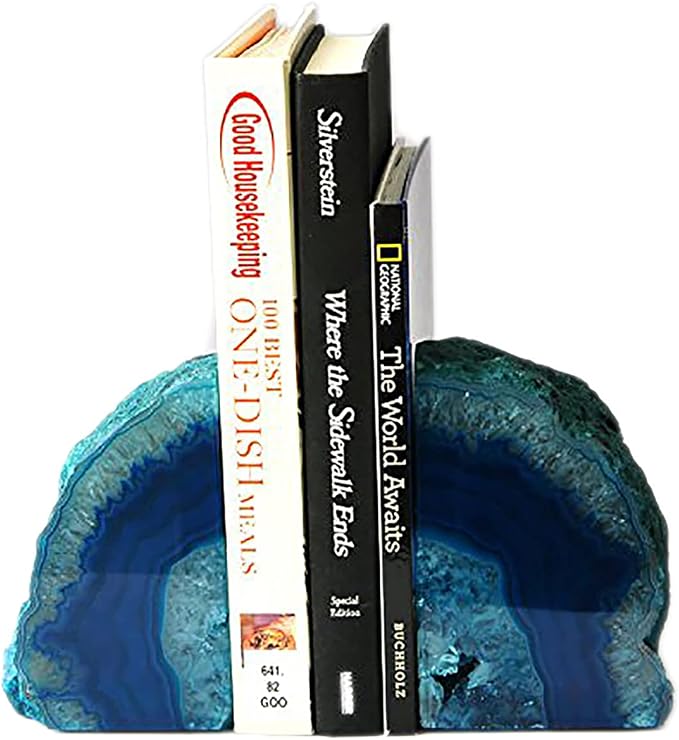 Teal Agate Bookends Heavy Duty Geode Stone Book End Holders Decorative | Polished Stone Book Stoppers Supports Home Office Decor with Rubber Bumpers Dyed Teal 1 Pair, 3-4 LBS