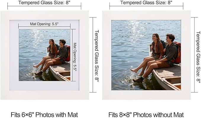Boarding 8x8 Picture Frames White,5x5 Mat,Tempered glass,Engineered Wood