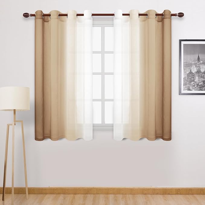 DWCN Taupe Faux Linen Ombre Sheer Curtains - Short Curtains Gradient Semi Voile Curtains for Kitchen and Living Room, Set of 2 Grommet Top Window Curtain Panels, W52 x L54 Inches, Taupe