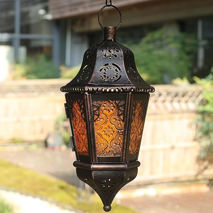 NEEDOMO Hanging Moroccan Lantern, 13.5'' Vintage Metal Candle Holder with 14.8" Chain, Ramadan Lanterns Decorative Indoor Outdoor for Home, Table, Patio, Porch, Christmas,Halloween, Spring (Amber)