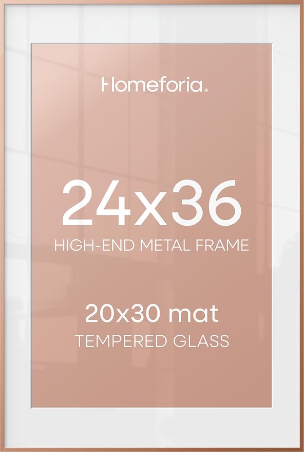 Homeforia 24 x 36 Poster Frame Rose Gold, Premium 24x36 Puzzle Frame Metal Matted to 20x30 Photo, 36 x 24 Picture Frame with Mat for 20 x 30 Photo, Tempered Glass, Wall Hook Included, Set of 1