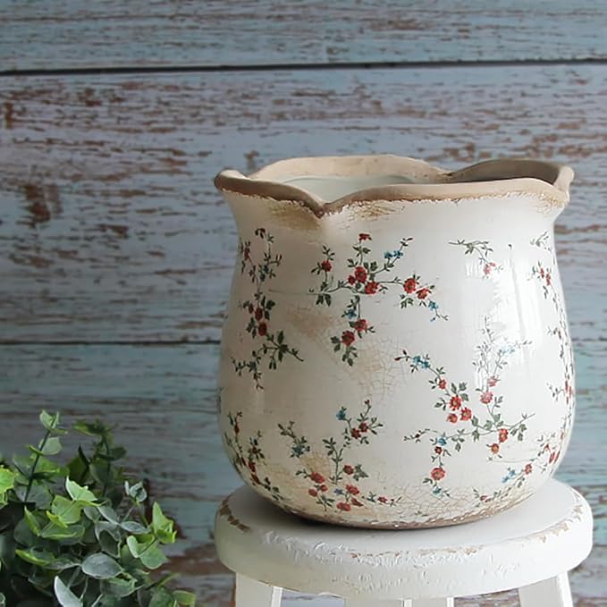 Ceramic Pots for Plants, Vintage Rustic Plant Pot with Drainage Hole | 6.11 Inch Planter for Indoor Plants, French Country Crackle Glaze Flower Pot, Grandma Core Home Decor, Small Red Blooms