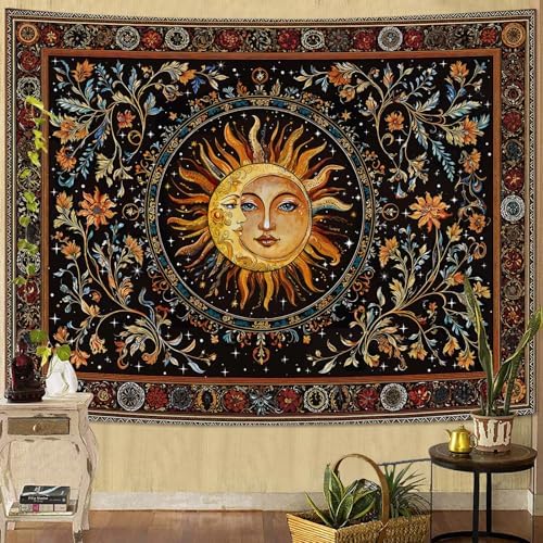 Accnicc Vintage Sun and Moon Tapestry Hippie Indie Boho Floral Wall Tapestry for Bedroom Aesthetic Stained Glass Celestial Plant Small Tapestries Wall Hanging for Living Room Dorm 48 x 36 Inch
