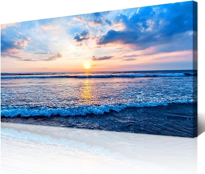 Wapluam Canvas Wall Art For Living Room Office Wall Decor Blue Beach Ocean Sea Waves Landscape Wall Painting Ready To Hang Bedroom Home Decorations Canvas Prints Posters Pictures Wall Mural Artwork