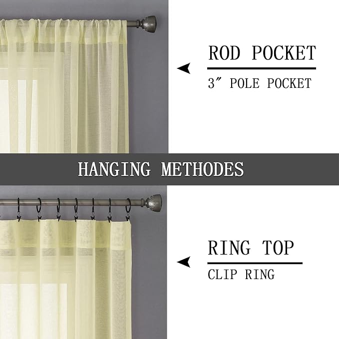 Tollpiz Short Sheer Curtains Living Room Linen Textured Curtain Sheers Light Filtering Voile Rod Pocket Curtains for Bedroom, 38 x 45 inches Long, Transparent Yellow, Set of 2 Panels