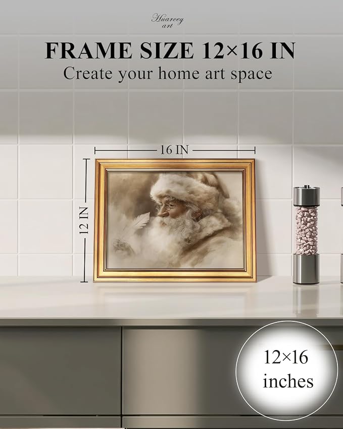 WHASAYART Gold Framed Vintage Wall Art Christmas Decorations Santa Claus Canvas Prints, Vintage Home Decor, Farmhouse Painting Picture, Bathroom Wall Decor Christmas Gifts for Family 16L x 12W
