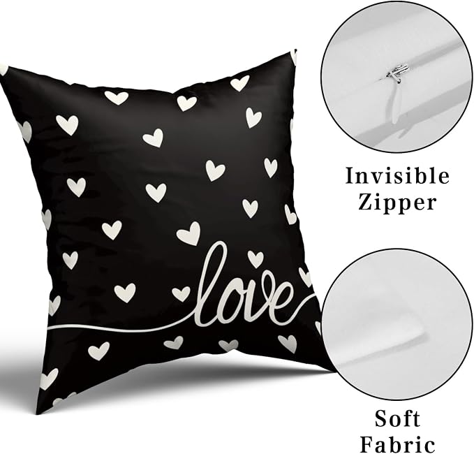 Giwawa Valentines Day Pillow Covers Set of 2 Black Love Hearts Throw Pillowcases Romantic Decorative Double Sided Cotton Square Cushion Covers 18x18inch for Sofa Couch Bedding Wedding Anniversary