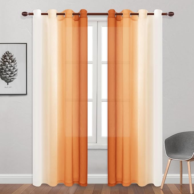 DWCN Faux Linen Ombre Sheer Curtains - Fall Gradient Semi Voile Curtains for Bedroom and Living Room, Set of 2 Grommet Top Window Curtain Panels, 52 Wide by 90 Inches Long, Sunset Orange